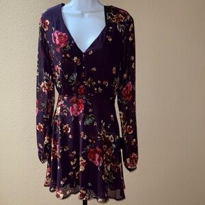 NWT Lulus Always Yours Long Sleeve Fit Flare V-Neck Dress Plum Rose Floral XL